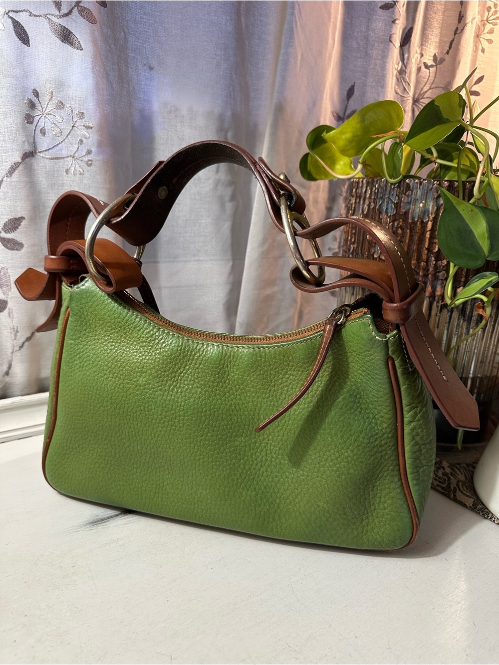 Dooney & Bourke Green Pebbled Leather Shoulder Bag with Brown Trim - Picture 5 of 13